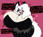  &lt;3 anthro big_breasts breasts canid canine canis english_text eye_patch eyelashes eyewear fangs female fur hair huge_breasts mammal nonbinary_bunny open_mouth red_eyes solo speech_bubble tail teeth text thick_thighs white_body white_ears white_fur white_hair white_tail wide_hips wolf 