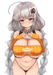  1girl ahoge bare_shoulders bikini blunt_bangs blush braid breasts cleavage closed_mouth cowboy_shot detached_sleeves grey_eyes grey_hair groin hair_ornament hands_on_own_chest hands_up heart heart-shaped_pupils highres kizuna_akari large_breasts long_hair looking_at_viewer low_twintails navel orange_sleeves sho_(wnmf3234) sidelocks simple_background sleeveless smile solo standing star_(symbol) star_print straight-on string_bikini striped swimsuit symbol-shaped_pupils twin_braids twintails underboob vertical-striped_sleeves vertical_stripes very_long_hair voiceroid white_background 