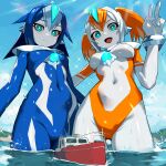  2girls :d blue_eyes blue_hair bodysuit breasts colored_skin fang frown giant giantess looking_at_viewer medium_breasts multicolored_hair multiple_girls navel nikunopengin ocean orange_hair original partially_submerged ship short_twintails skin_tight small_breasts smile tokusatsu twintails two-tone_hair v watercraft wet white_hair white_skin 