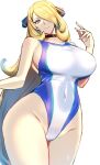  1girl bangs bare_shoulders blonde_hair blue_one-piece_swimsuit blush breasts choker collarbone covered_navel cynthia_(pokemon) grey_eyes hair_ornament hair_over_one_eye highleg highleg_swimsuit kumakichi_(cost-lost) large_breasts long_hair looking_at_viewer one-piece_swimsuit pokemon pokemon_(game) pokemon_dppt smile solo swimsuit thighs two-tone_swimsuit very_long_hair white_one-piece_swimsuit 