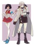  2girls black_footwear black_gloves black_hair boots coat coat_on_shoulders decepticon full_body genderswap genderswap_(mtf) gloves high_heel_boots high_heels looking_at_viewer megatron multiple_girls necktie open_clothes open_coat personification red_eyes red_nails shirt smile standing starscream transformers white_hair white_shirt yellow_necktie z3_decapitated 