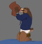  anthro bear bodily_fluids brown_bear clothed clothing diaper diaper_bulge erection erection_in_diaper erection_under_bottomwear erection_under_clothing feces grizzly_bear hair hi_res kneeling kuruk_(character) licking_sex_toy male mammal mane mane_hair messy_diaper necktie partially_clothed penetrable_sex_toy saliva scat sex_toy shirt sloppy soiled_diaper soiling solo third-party_edit topwear ursine wearing_diaper yeenyeenmike 