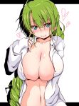  1girl blue_eyes blush braid breasts cleavage closed_mouth green_hair heart highres kanbayashi_chiko kantai_collection large_breasts long_hair long_sleeves looking_at_viewer mole mole_under_mouth naked_shirt navel open_clothes open_shirt shirt single_braid sleeves_past_wrists smile solo upper_body very_long_hair white_shirt yuugumo_(kancolle) 