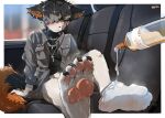  4_toes aak_(arknights) anthro arknights backseat black_body black_fur black_hair car clothing domestic_cat feet felid feline felis footwear fur hair hi_res hypergryph inside_car jacket male male_focus mammal pawpads piercing pink_pawpads socks solo solo_focus studio_montagne tail toes topwear vehicle vlush white_body yrac 