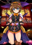  1girl 2023 animal_ears artist_name black_gloves blue_eyes blush breasts brown_hair candy closed_mouth dated fingerless_gloves food gloves halloween hat highres large_breasts looking_at_viewer lyrical_nanoha mahou_shoujo_lyrical_nanoha_strikers raccoon_ears raccoon_tail san-pon short_hair smile solo tail witch_hat yagami_hayate 