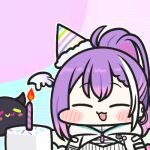  1girl bibi_(tokoyami_towa) birthday_cake blush cake candle chibi demon_tail demon_wings ear_piercing fangs food goggles goggles_on_head gradient_hair hair_between_eyes happy_birthday hololive jazz_jack long_hair looking_at_viewer lowres midriff multicolored_hair official_alternate_costume open_mouth piercing pink_hair ponytail purple_hair solo tail tokoyami_towa tokoyami_towa_(5th_costume) virtual_youtuber white_hair wings 