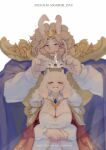  7oy7iger anthro asgore_dreemurr big_breasts boss_monster bovid breasts cape caprine cleavage clothed clothing crown crowning dress duo female fluffy_ears fur goat headgear hi_res huge_breasts male mammal royalty toriel undertale undertale_(series) 
