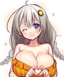  1girl ;) ahoge bare_shoulders blue_eyes blush braid breasts cleavage closed_mouth collarbone dress grey_hair hair_between_eyes hair_ornament heart heart_hands kizuna_akari large_breasts long_hair looking_at_viewer low_twintails one_eye_closed orange_dress smile solo star_(symbol) strapless strapless_dress striped striped_dress twin_braids twintails twitter_username upper_body usume_shirou vertical-striped_dress vertical_stripes voiceroid white_background 