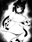  1girl animal_ears animal_print bikini bikini_bottom_pull bikini_pull bikini_top_pull blunt_bangs braid breasts cat_ears cat_girl cat_tail cleavage clothes_pull collar commentary_request cow_print cowboy_shot curvy elbow_gloves extra_ears gloves greyscale haseru_(ginku_mh) heart huge_breasts kaenbyou_rin looking_at_viewer medium_hair monochrome multiple_tails nekomata open_mouth pointy_ears pulled_by_self side_braid sidelocks solo swimsuit tail touhou two_tails 