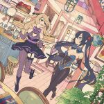  2girls bare_shoulders black_hair blonde_hair bow bowtie breasts cleavage_cutout clothing_cutout coffee_mug cup detached_sleeves dutch_angle elbow_gloves eye_contact eyepatch fischl_(genshin_impact) food garter_straps genshin_impact gloves gold_trim green_eyes hair_over_one_eye holding holding_cup holding_plate kitchen kyouyasai4423 leotard long_hair looking_at_another medium_breasts mona_(genshin_impact) mug multiple_girls no_headwear open_mouth pancake pantyhose plant plate potted_plant purple_bow purple_bowtie purple_leotard single_leg_pantyhose single_thighhigh thighhighs twintails two_side_up very_long_hair 