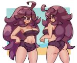  1girl @_@ ahoge alternate_breast_size alternate_costume ass bandeau border breasts cleavage closed_mouth commentary cowboy_shot curly_hair hair_between_eyes hairband hex_maniac_(pokemon) kurt_robinson long_hair looking_down midriff multiple_views navel pokemon pokemon_(game) pokemon_xy purple_eyes purple_hair shorts shorts_tug smile white_border 
