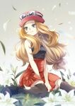  1girl bare_arms blonde_hair blurry breasts closed_mouth commentary_request depth_of_field eyewear_on_headwear falling_petals flower grass grey_eyes hat high-waist_skirt highres long_hair looking_to_the_side petals pink_headwear pokemon pokemon_(game) pokemon_xy serena_(pokemon) shirt shoes sitting skirt sleeveless sleeveless_shirt solo sunglasses thighhighs white-framed_eyewear yomogi_(black-elf) 