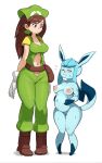  anthro big_breasts bodily_fluids breasts duo eeveelution female female/female generation_4_pokemon glaceon hi_res holding_stomach human humanoid larger_female larger_female_smaller_female mammal nintendo pokemon pokemon_(species) pokemon_breeder size_difference sweat sweatdrop sweating_profusely yuta_agc 