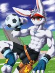  abs absurd_res akino-kamihara anthro athletic athletic_male ball bulge clothing detailed_bulge fingerless_gloves gloves grass handwear hat headgear headwear hi_res lagomorph leporid male mammal nipples outside plant rabbit shirtless signature sky soccer_ball solo stairs teenager tomoshibi_shirohane_(akino-kamihara) underwear visor_cap waist_bag watermark young 