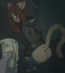  ambiguous_gender anthro banknote bottomwear brown_hair butt clothing disembodied_hand domestic_cat duo felid feline felis girly hair hi_res hoodie mammal marshmallow-ears money pants prostitution rear_view solo_focus topwear undressing whiskers 