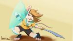  absurd_res action_pose anthro blonde_hair bottomwear clothing ear_piercing ear_ring female hair henstonvennic hi_res mammal melee_weapon mouse murid murine pawkaf piercing pose purple_eyes ring_piercing rodent shield shorts solo sword weapon 