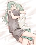  2girls absurdres bang_dream! bare_arms bare_legs bed closed_eyes closed_mouth commentary feet green_hair green_skirt grey_shirt grey_shorts hand_on_another&#039;s_head highres hikawa_hina hikawa_sayo hug incest indoors leg_between_thighs long_hair lying multiple_girls on_bed on_side shirt short_sleeves shorts siblings sisters skirt sleeping t-shirt twincest twins white_shirt yuri zihacheol 