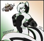  anthro black_hair black_markings censored censored_genitalia claws clothed clothed/nude clothing fur green_eyes hair hi_res irish irish_flag long_sleeves looking_at_viewer male mammal markings mephitid mickey_(thibbycat) nude skunk solo thibbycat toothy_grin white_body white_fur white_hair 