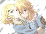  blonde_hair blue_eyes blue_tunic blue_vest braid crown_braid earrings fingerless_gloves gloves green_eyes hair_ornament hairclip hug jewelry light_brown_hair link looking_at_viewer parted_lips pointy_ears princess_zelda_(botw) short_hair short_ponytail sidelocks the_legend_of_zelda the_legend_of_zelda:_breath_of_the_wild the_legend_of_zelda:_tears_of_the_kingdom tomo.puri vest 