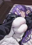 1girl black_coat breasts closed_eyes coat cum cum_on_clothes cum_on_hair dress facial fern_(sousou_no_frieren) highres huge_breasts long_hair long_sleeves lying manzai_sugar on_bed on_side open_clothes open_coat purple_hair sleeping solo sousou_no_frieren white_dress 