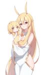  2girls animal_ears blonde_hair breasts child chung_(ugwa) closed_mouth dress hair_between_breasts hair_over_breasts highres jewelry long_hair long_sleeves medium_breasts mother_and_daughter multiple_girls orange_eyes original rabbit_ears red_eyes smile ugwa white_dress yellow_dress 
