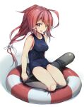  1girl absurdres ahoge blush breasts hair_ornament hair_ribbon highres i-168_(kancolle) kantai_collection long_hair one-piece_swimsuit open_mouth ponytail red_eyes red_hair ribbon school_swimsuit school_uniform serafuku simple_background sitting small_breasts smile solo swimsuit swimsuit_under_clothes torpedo tri_tails white_background yashin_(yasinz) 