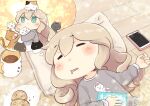  +_+ 1girl animal animal_hug animal_print blonde_hair blush cat cellphone closed_eyes coffee_mug cookie cup dreaming drooling food green_eyes hinata_yuu long_hair mug original phone pillow sleep_bubble sleeping solo_focus wooden_floor 