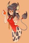  1girl artist_name bare_arms bare_shoulders breasts brown_background cow_girl cow_horns cow_tail cropped_legs food fruit green_eyes hair_ornament hairclip highres holding holding_food horns leotard long_hair medium_breasts nail_polish orange_(fruit) original oxcoxa parted_lips red-framed_eyewear red_leotard red_nails smile solo tail teeth 