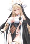  1girl azur_lane bare_shoulders black_gloves blonde_hair breasts covered_navel cowboy_shot fake_horns gloves habit hair_between_eyes half_gloves highres horns implacable_(azur_lane) large_breasts long_hair long_sleeves looking_at_viewer nun pelvic_curtain red_eyes revealing_clothes see-through simple_background solo thighhighs veil very_long_hair white_background white_horns white_thighhighs wide_sleeves yamamoto_warabi 