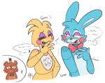  animatronic anthro avian bear bird blue_body bow_tie chicken duo_focus embarrassed eyelashes eyeshadow female five_nights_at_freddy&#039;s five_nights_at_freddy&#039;s_2 galliform gallus_(genus) gossip green_eyes group half-length_portrait lagomorph leporid machine makeup male male/female mammal mikifluffs phasianid portrait rabbit robot scottgames toy_bonnie_(fnaf) toy_chica_(fnaf) toy_freddy_(fnaf) trio yellow_body 