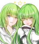  1boy 1girl :p blunt_bangs breasts c.c. close-up code_geass color_connection commentary_request crossover enkidu_(fate) eyelashes eyes_visible_through_hair fate/grand_order fate_(series) green_hair hair_between_eyes hair_color_connection hairstyle_connection large_breasts long_hair looking_at_viewer parted_lips purple_eyes rincha_(rinrinrincha) shirt side-by-side simple_background smile star_(symbol) straight_hair teeth tongue tongue_out upper_teeth_only very_long_hair white_background white_shirt yellow_eyes 