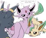  ambiguous_gender black_body black_eyes black_fur blep bodily_fluids colored eeveelution espeon eyes_closed fellatio feral flat_colors fur generation_2_pokemon generation_4_pokemon genitals group group_sex hi_res kifyun2 leafeon looking_at_viewer lying male nintendo on_back on_side open_mouth oral penile penis pink_body pink_fur pokemon pokemon_(species) saliva sex speech_bubble text threesome tongue tongue_out trio umbreon yellow_body yellow_fur 