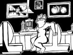  2023 allen_the_corgi anthro canid canine canis chair chest_tuft detailed_background digital_drawing_(artwork) digital_media_(artwork) diner domestic_dog eyewear fur furniture glasses hair herding_dog line_art looking_away male mammal monochrome nude on_chair pastoral_dog public reed_the_deer restaurant sitting sitting_on_chair solo solo_focus tuft uncomfortable welsh_corgi 