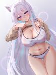  1girl :o absurdres animal_ear_fluff animal_ears azur_lane bikini blue_hair blush breasts brown_sweater cleavage clothes_lift commentary_request covered_nipples eyepatch_bikini gradient_background hair_between_eyes highres kearsarge_(azur_lane) large_breasts long_hair long_sleeves looking_at_viewer multicolored_hair navel nipples open_mouth panties purple_eyes qian_hen see-through_bra sidelocks solo sports_bra standing sweater sweater_lift swimsuit thigh_gap two-tone_hair underwear variant_set very_long_hair white_bikini white_hair white_panties white_sports_bra 