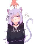  1girl absurdres animal_ear_fluff animal_ears bandaid bandaid_on_cheek bandaid_on_face black_choker black_hoodie cat_ears cat_girl cat_tail choker fang highres hood hood_down hoodie incoming_headpat indie_utaite indie_virtual_youtuber long_hair long_sleeves mikeneko_(utaite) milk_tea_1993 pov pov_hands purple_eyes purple_hair skin_fang sleeves_past_fingers sleeves_past_wrists tail utaite_(singer) virtual_youtuber 