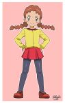  1girl blush_stickers border brown_hair cardigan closed_mouth full_body green_eyes grey_pantyhose hands_on_own_hips highres long_hair macy_(pokemon) monosex outline pantyhose pink_background pleated_skirt pokemon pokemon_(anime) pokemon_(classic_anime) red_footwear red_shirt red_skirt shirt shoes skirt smile solo standing twintails white_border yellow_cardigan 