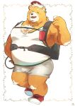  2023 alcohol anthro bear beer beverage blush bottomwear bulge clothing hi_res kemono male mammal one_eye_closed overweight overweight_male sawch_cls shirt shorts solo topwear wink 
