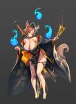  1girl absurdres animal_ears bare_shoulders breasts choker cleavage fox_ears fox_girl fox_tail grey_background hat highres huge_breasts jeffr looking_at_viewer original shiny_skin simple_background smile solo sword sword_on_back tail talisman weapon weapon_on_back 