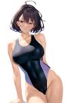  1girl ahoge azur_lane baltimore_(azur_lane) bare_arms bare_shoulders black_one-piece_swimsuit brown_hair collarbone commentary_request covered_navel cowboy_shot groin highres kameponde looking_at_viewer one-piece_swimsuit short_hair simple_background smile solo swimsuit thighs white_background yellow_eyes 
