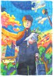  1boy absurdres bag black_eyes black_hair bouquet bowl_cut building cloud commentary english_commentary flower gakuran highres holding holding_bag holding_bouquet house jigme_tenzin_wangchuk kageyama_shigeo lamppost male_focus marker_(medium) mob_psycho_100 school_bag school_uniform sky smile solo traditional_media tree 