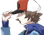  1boy blue_jacket brown_eyes brown_hair closed_mouth commentary_request from_side haisato_(ddclown14) hand_on_headwear hand_up hat hilbert_(pokemon) hood hood_down jacket long_sleeves male_focus pokemon pokemon_(game) pokemon_bw short_hair simple_background solo upper_body white_background 