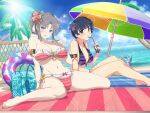  2girls armlet armpit_crease bag bare_legs bare_shoulders barefoot beach beach_towel beach_umbrella bendy_straw bikini black_bikini blue_bikini blue_eyes blue_flower blue_gemstone blue_hair blue_sky blunt_bangs blush bow bow_bikini bowl_cut breasts chain chain_around_arm chair cleavage cliff cloud cloudy_sky collarbone cup day drink drinking drinking_straw fence flower food frilled_bikini frills fruit gem gold green_umbrella grey_hair groin hair_bow hair_flower hair_ornament halterneck heart heart_print holding holding_drink holding_hair horizon innertube jewelry large_breasts lens_flare light_particles linea_alba looking_at_viewer lounge_chair lying multicolored_bikini multicolored_clothes multicolored_umbrella multiple_girls navel ocean official_alternate_costume official_alternate_hairstyle official_art on_side open_mouth orange_umbrella outdoors palm_leaf palm_tree pink_bikini pink_bow pink_flower purple_bikini purple_flower purple_innertube sand senran_kagura senran_kagura_new_link senran_kagura_shinovi_versus shiny_skin short_hair sitting sky smile strapless strapless_bikini striped striped_bikini striped_bow sun sunlight swimsuit teeth thighs tongue towel tree umbrella underboob upper_teeth_only wariza water watermelon waves white_bow wooden_fence yaegashi_nan yellow_umbrella yozakura_(senran_kagura) yumi_(senran_kagura) 