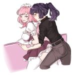  2girls black_shirt black_sleeves blush breasts commission dashingicecream elysia_(honkai_impact) elysia_(miss_pink_elf)_(honkai_impact) english_commentary from_behind gloves high_ponytail honkai_(series) honkai_impact_3rd large_breasts long_hair looking_at_another maid maid_headdress multiple_girls nail_polish official_alternate_costume one_eye_closed panties pants pink_hair ponytail purple_hair raiden_mei ribbon shirt simple_background smile thighhighs twitter_username underwear white_background white_gloves white_headwear white_panties white_ribbon white_thighhighs yuri 