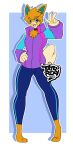  3_toes 5_fingers anthro blue_eyes bottomwear clothing feet fingers generation_9_pokemon jacket male nintendo orange_body pants pawmot paws pokemon pokemon_(species) purple_clothing simple_background solo tail tattoorexy toes topwear 