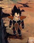  1boy absurdres alternate_costume armor black_eyes black_hair boots clenched_hands cliff commentary_request dragon_ball dragon_ball_z from_above full_body highres male_focus saiyan_armor salvamakoto scouter shoulder_armor signature solo spanish_commentary vambraces vegeta widow&#039;s_peak 