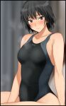  1girl amagami bare_arms bare_shoulders black_eyes black_hair black_one-piece_swimsuit blue_one-piece_swimsuit blush bob_cut breasts brown_eyes closed_mouth collarbone competition_swimsuit looking_at_viewer medium_breasts mobu nanasaki_ai one-piece_swimsuit short_hair sitting solo swimsuit two-tone_swimsuit 