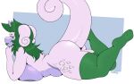  antennae_(anatomy) anthro areola banira bent_legs big_breasts breast_squish breasts butt clothing female footwear generation_6_pokemon goodra green_eyes green_hair green_lipstick hair half-closed_eyes hand_under_chin hi_res knee_highs legs_up legwear lips lipstick looking_at_viewer looking_back lying lying_on_ground makeup narrowed_eyes nintendo olivia_dusset on_front pokemon pokemon_(species) purple_areola purple_body purple_skin simple_background smile socks solo squish tail thick_bottom_lip thick_tail thick_thighs 