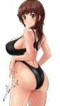  1girl amagami ass black_one-piece_swimsuit breasts brown_eyes brown_hair commission competition_swimsuit highres looking_at_viewer looking_back one-piece_swimsuit pixiv_commission sakurai_rihoko smile solo swimsuit white_background yoo_tenchi 