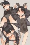 1girl absurdres animal_ears black_hair black_leotard blush brown_eyes cameltoe commentary_request covered_navel fake_animal_ears flat_chest grey_background grey_jacket grey_socks hand_up highres jacket leotard looking_at_viewer miyamae_(miyazen9311) multiple_views nervous_smile open_clothes open_jacket open_mouth original rabbit_ears rabbit_pose short_hair short_haired_girl_(miyazen) simple_background sketch smile socks sweat tongue tongue_out wavy_mouth 