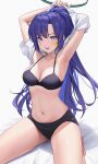  1girl armpits arms_up black_bra black_buruma blue_archive blue_eyes bra buruma halo highres kneeling long_hair looking_at_viewer noho_(yp6166) open_mouth parted_bangs partially_undressed ponytail purple_hair shirt solo star_sticker sticker_on_face underwear very_long_hair white_shirt yuuka_(blue_archive) 